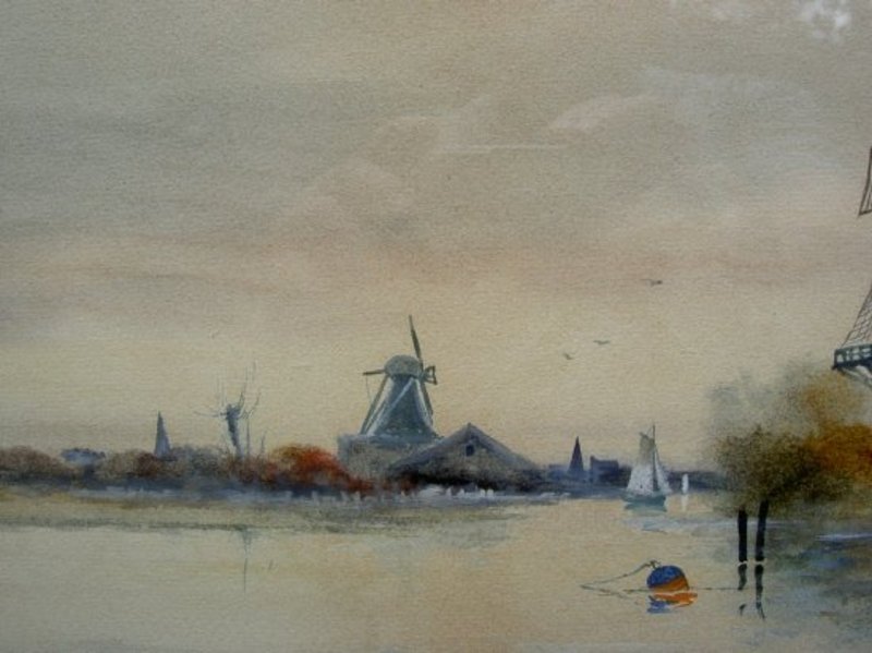 800x599 Marine Watercolor With Windmills By G L Herdle For Sale Antiques