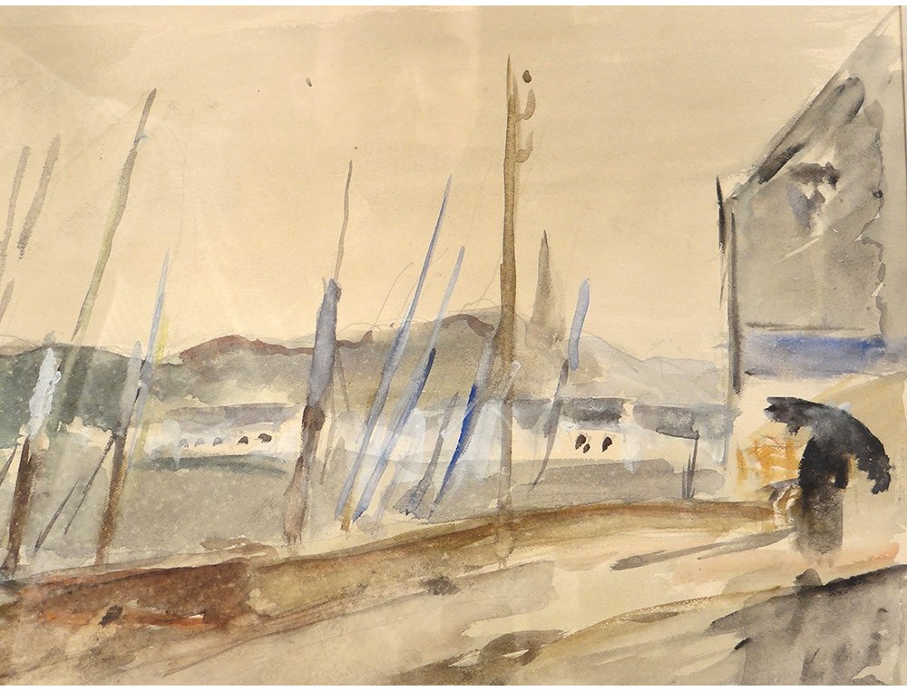 1000x762 Watercolor Levrel Marine Port Quays Boats Watercolor 20th Century