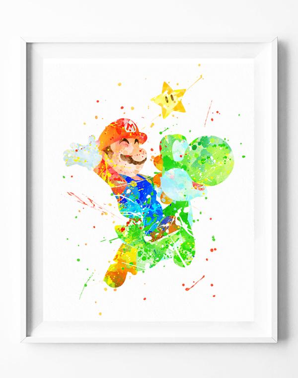 600x761 Super Mario Art Print Poster Yoshi Watercolor Painting Wall Art