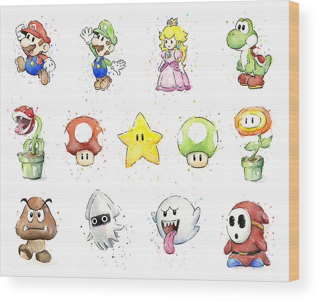 655x621 Mario Characters In Watercolor Wood Print By Olga Shvartsur