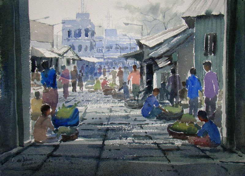 800x574 Market By Artist Jiaur Rahman Cityscape Art Watercolor Paintings
