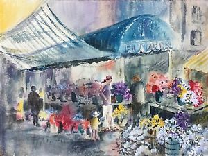300x225 Original Watercolor Painting French Street Scene Flower Market