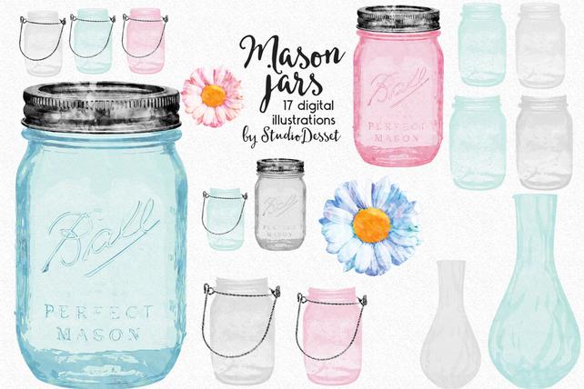 642x428 Mason Jars Cliparts Watercolor Jars Vases Clip Art Daisy Etsy