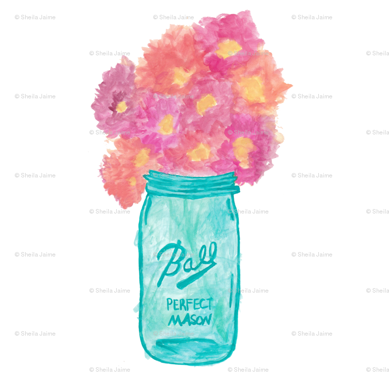 787x787 Watercolor Mason Jar With Flowers Fabric