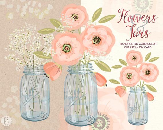 570x456 Watercolor Mason Jar Baby Breath Cream Pink Flowers Hand Etsy