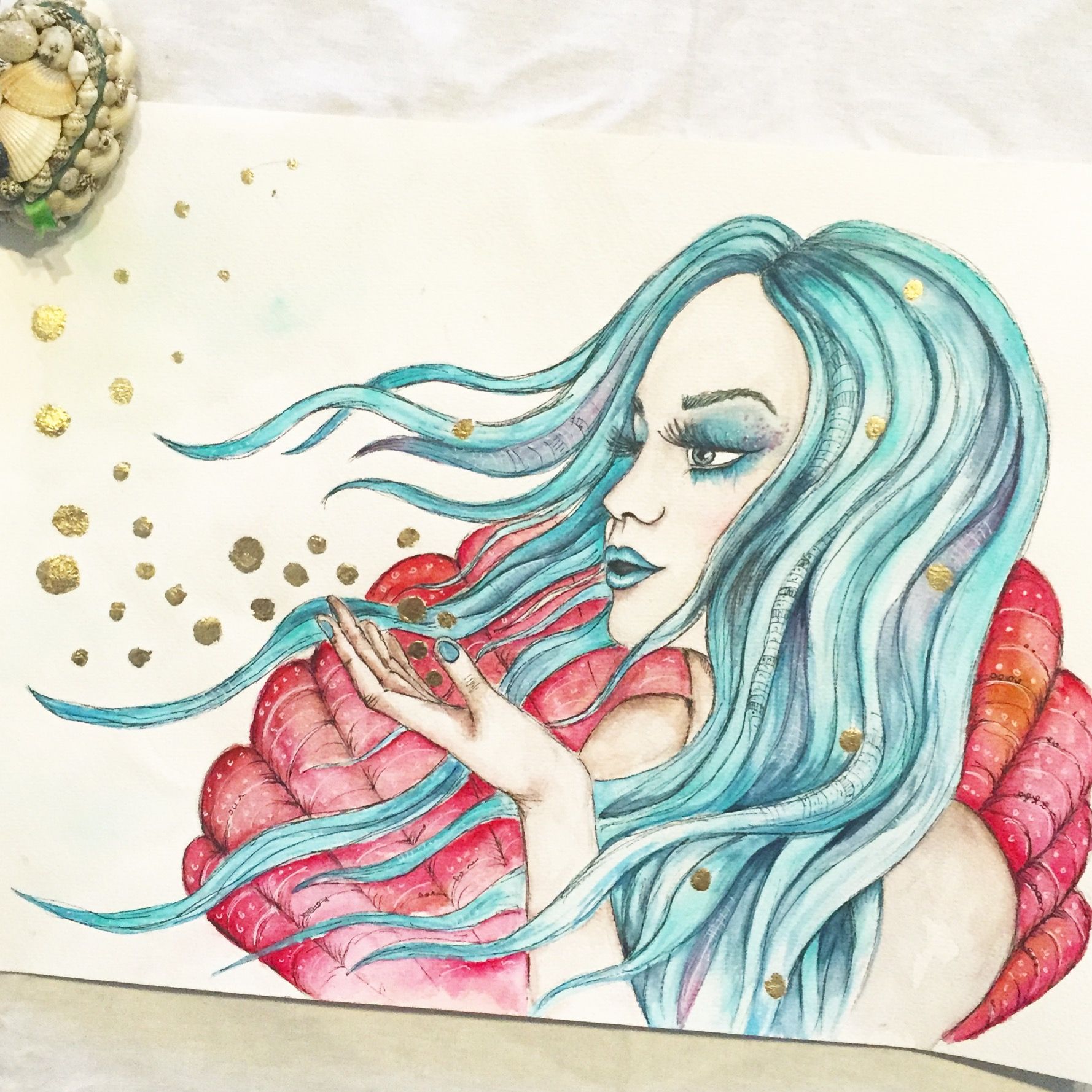 1778x1778 Mermaid Watercolour Art Painting, Blue Hair, Fantasy, Mystic Art