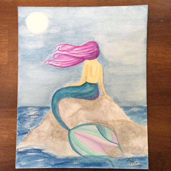 570x570 Moonlight Mermaid Watercolor Painting Etsy