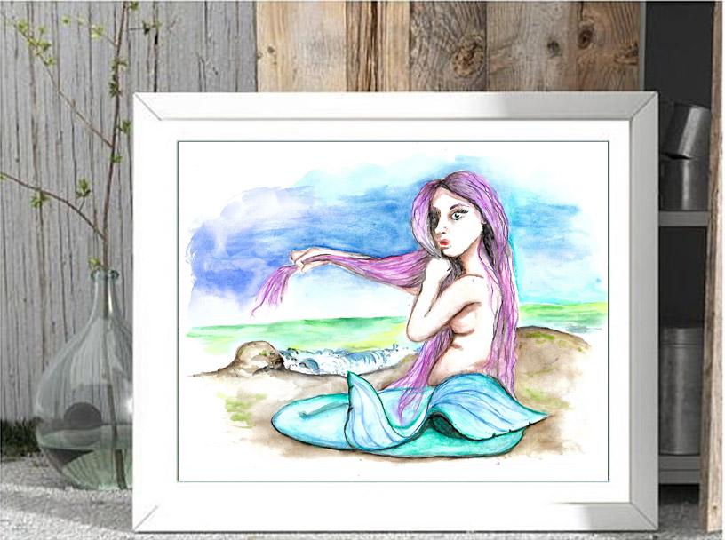 816x608 Beautiful Mermaid Watercolor Print Whimsy Bear