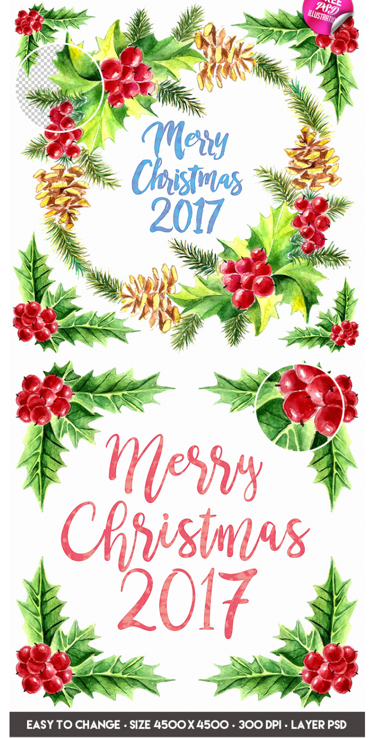747x1472 Merry Christmas Watercolor Illustration