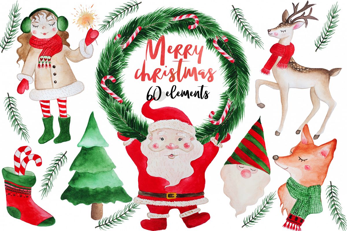 1200x800 Merry Christmas Watercolor Set