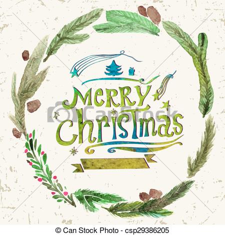 450x470 Watercolor Christmas Greeting Card With Wreath Of Holly Twigs And