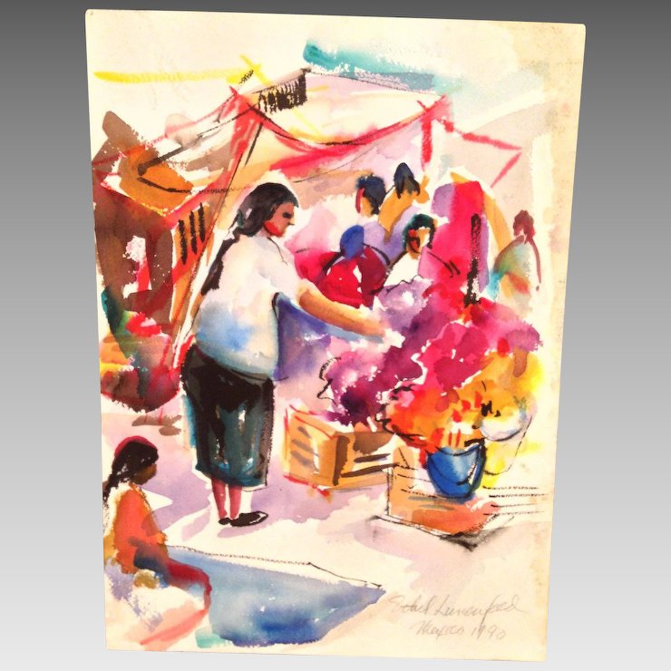 740x740 Mexican Market Watercolor Painting Signed By Ethel Lunenfeld