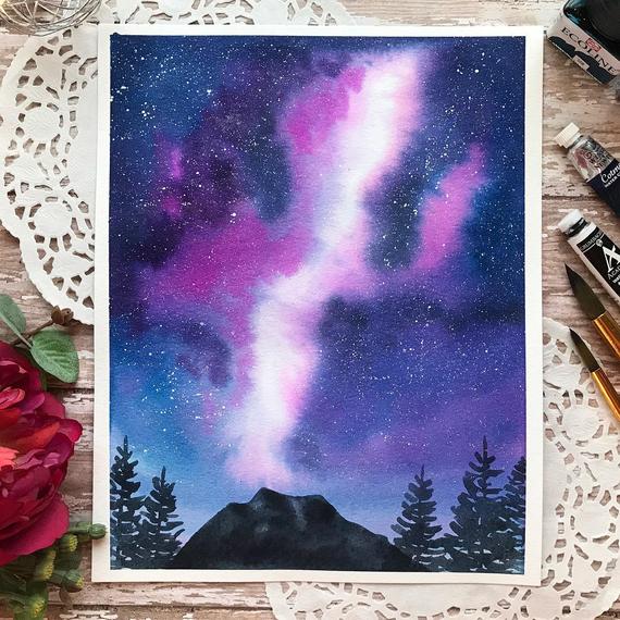 570x570 8x10 Original Violet Milky Way Galaxy Watercolor Painting Etsy