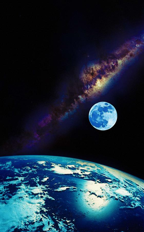 561x900 Earth, Moon And Milkyway Watercolor By Adam Asar Painting By Adam Asar
