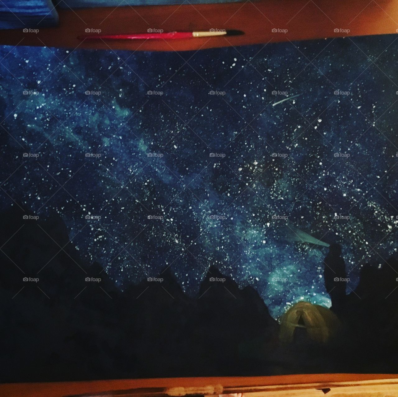 1280x1276 Watercolor Painting Of Milky Way And Camping Tent Stock