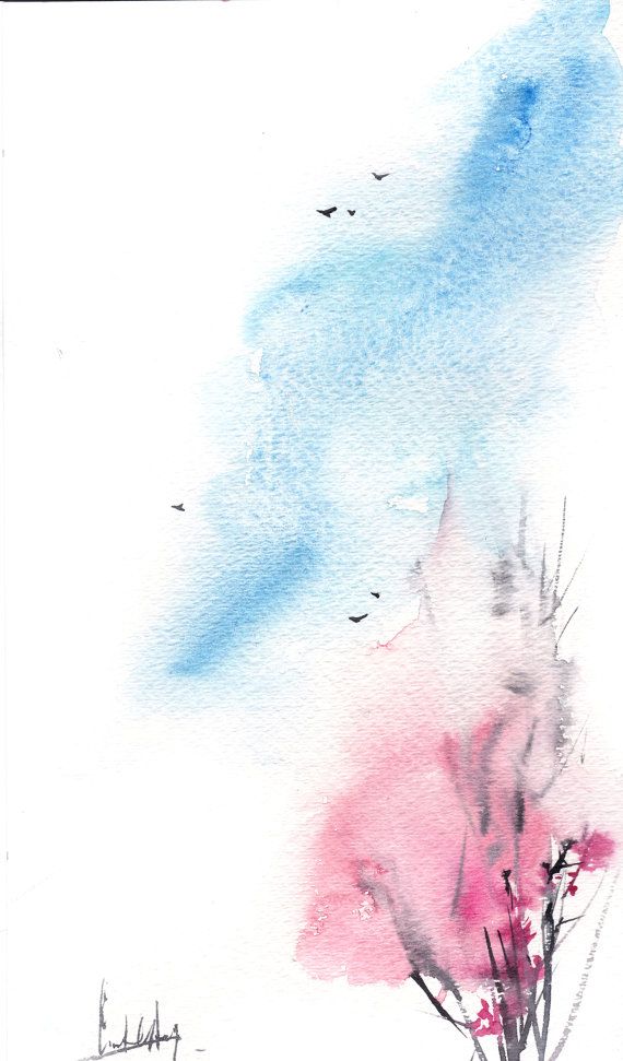 570x971 Original Minimalist Watercolor Painting, Spring Painting, Pink