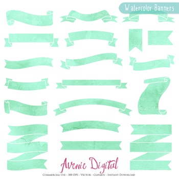 350x350 Mint Watercolor Ribbon Banners Clip Art
