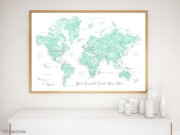 600x451 Personalized Print World Map With Cities In Mint Watercolor