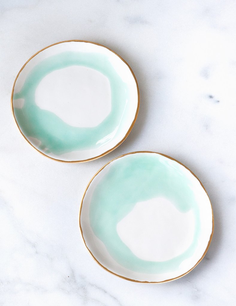788x1024 Dessert Plates In Watercolor Mint Swirl With Gold Rim (Set Of Two