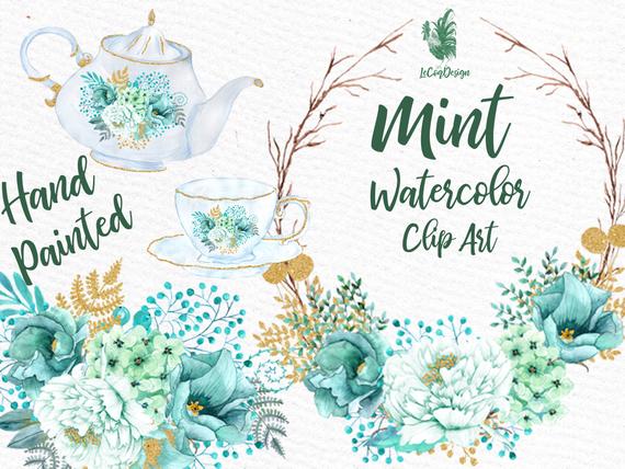 570x428 Mint Watercolor Clipart Watercolor Flowers Etsy