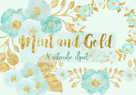 570x401 Mint And Gold Digital Watercolor Watercolor Flowers Floral Etsy