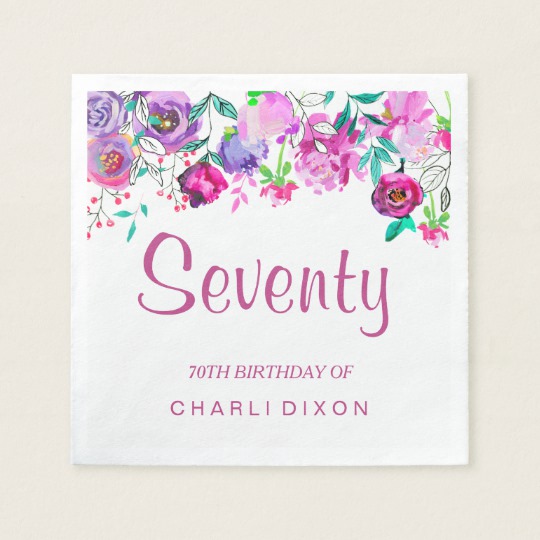 540x540 Pink Purple Mint Watercolor Flowers 70th Birthday Paper Napkin