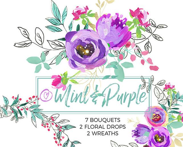 642x514 Purple Mint Watercolor Flowers Clipart Set Wedding Floral Etsy