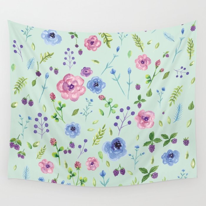 700x700 Watercolor Flowers On Mint Wall Tapestry By Sevenroses Society6