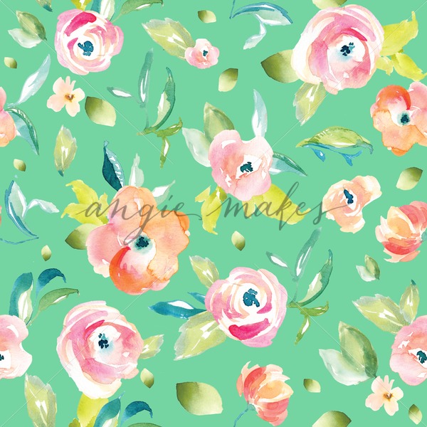 600x600 Mint Green Watercolor Flowers Pattern