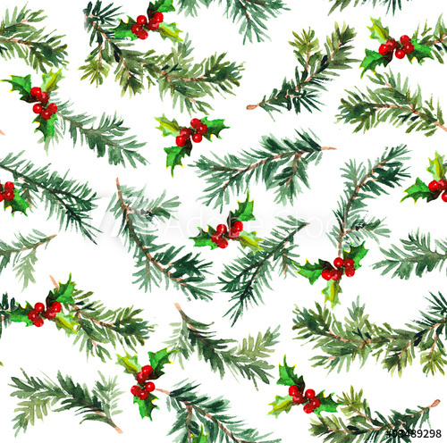 500x496 Pine Branch With Mistletoe. Watercolor Repeat Pattern