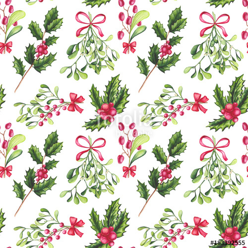 500x500 Seamless Pattern Of Watercolor Holly And Bouquets With Mistletoe