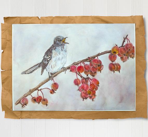 570x526 Tennessee Mockingbird In A Crabapple Tree Original Watercolor Etsy