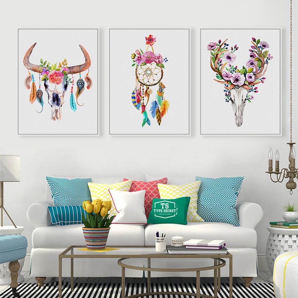 1000x1000 Modern Watercolor Deer Head Skull Canvas Set