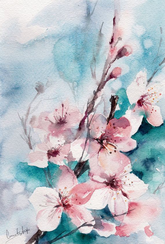 570x841 Almond Blossoms Painting, Original Watercolor Painting, Modern
