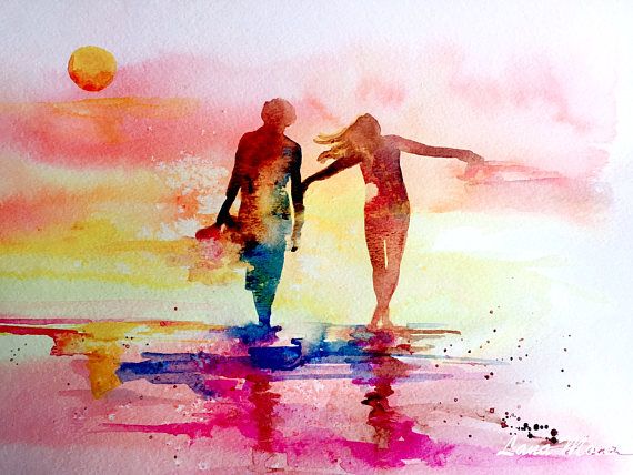 570x428 Romantic Sunset, Lovers Print Watercolor, Travel Illustration