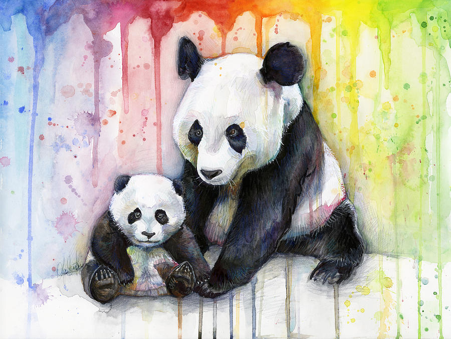 900x676 Panda Watercolor Mom And Baby Painting By Olga Shvartsur