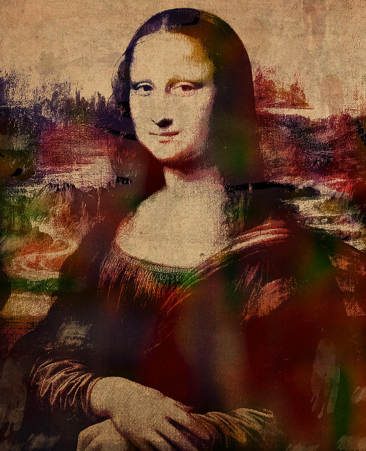 729x900 The Mona Lisa Colorful Watercolor Portrait On Worn Canvas Mixed