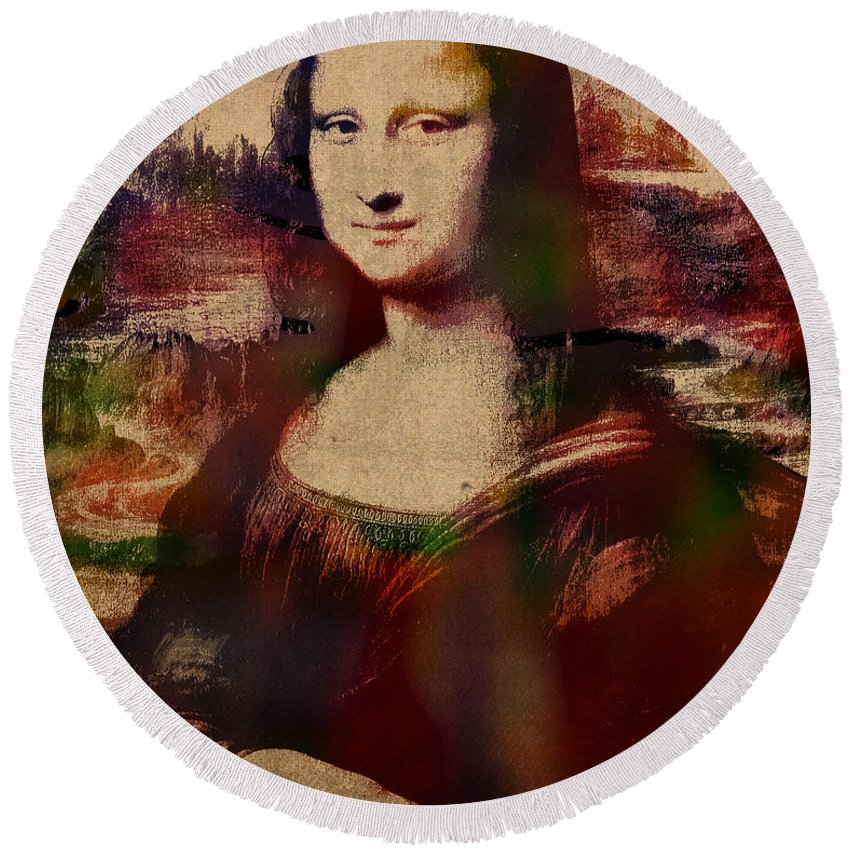 850x850 The Mona Lisa Colorful Watercolor Portrait On Worn Canvas Round