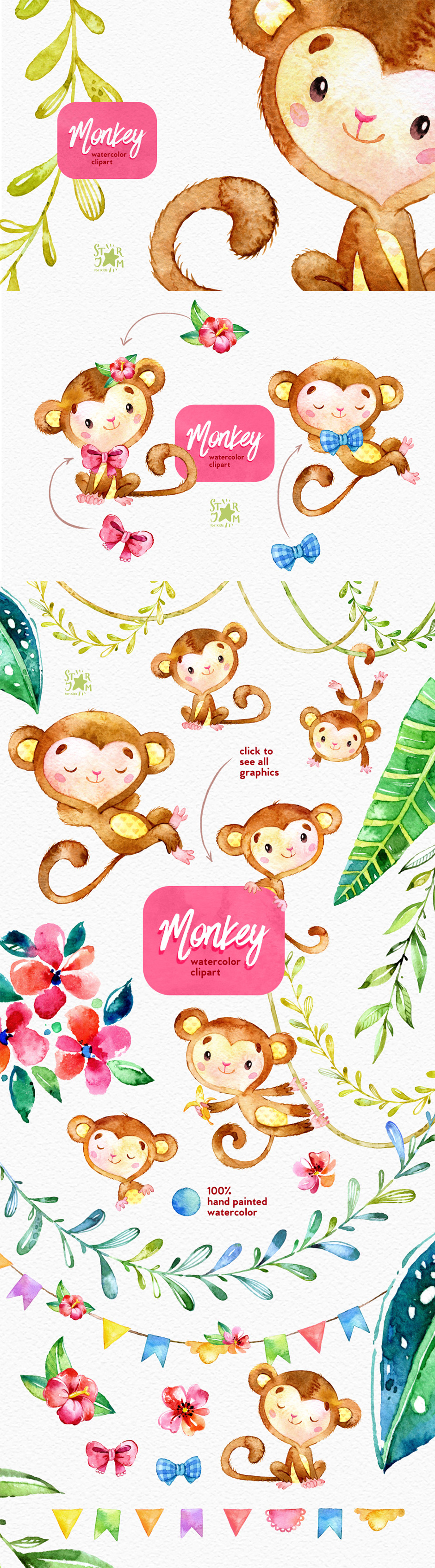 940x3385 Monkey Watercolor Clip Art