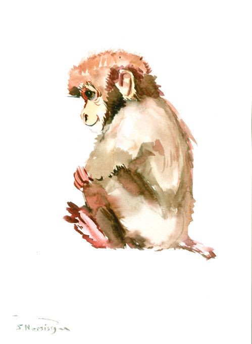 499x680 Monkey Painting, Animal Art, Original Watercolor Painting, 12 X 9