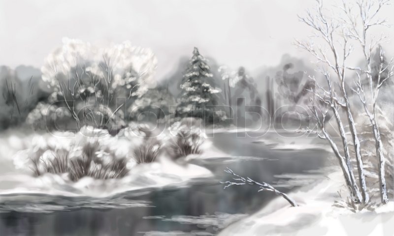 800x480 Digital Artistic Painting, Winter Watercolor Landscape With Snow