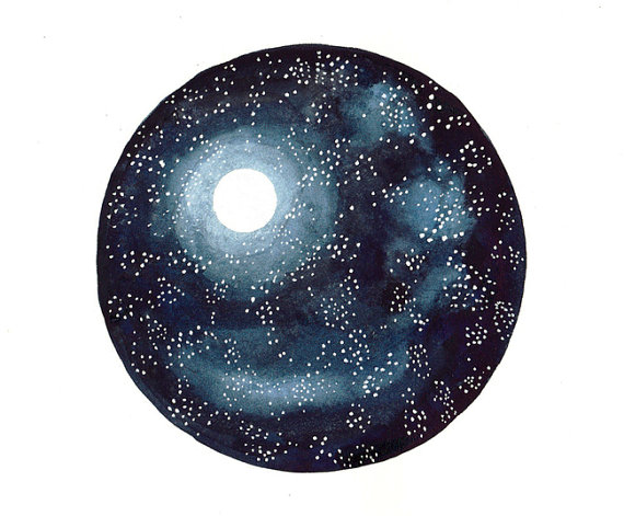 570x471 Original Watercolor Painting Moon And Stars Space Art Galaxy Art