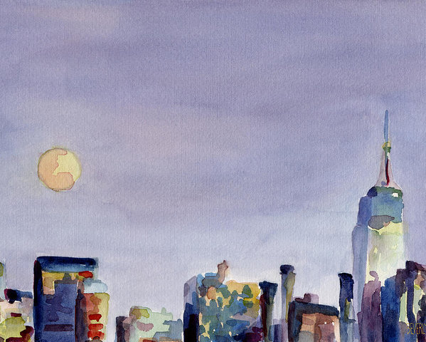 599x480 Full Moon And Empire State Building Watercolor Painting Of Nyc