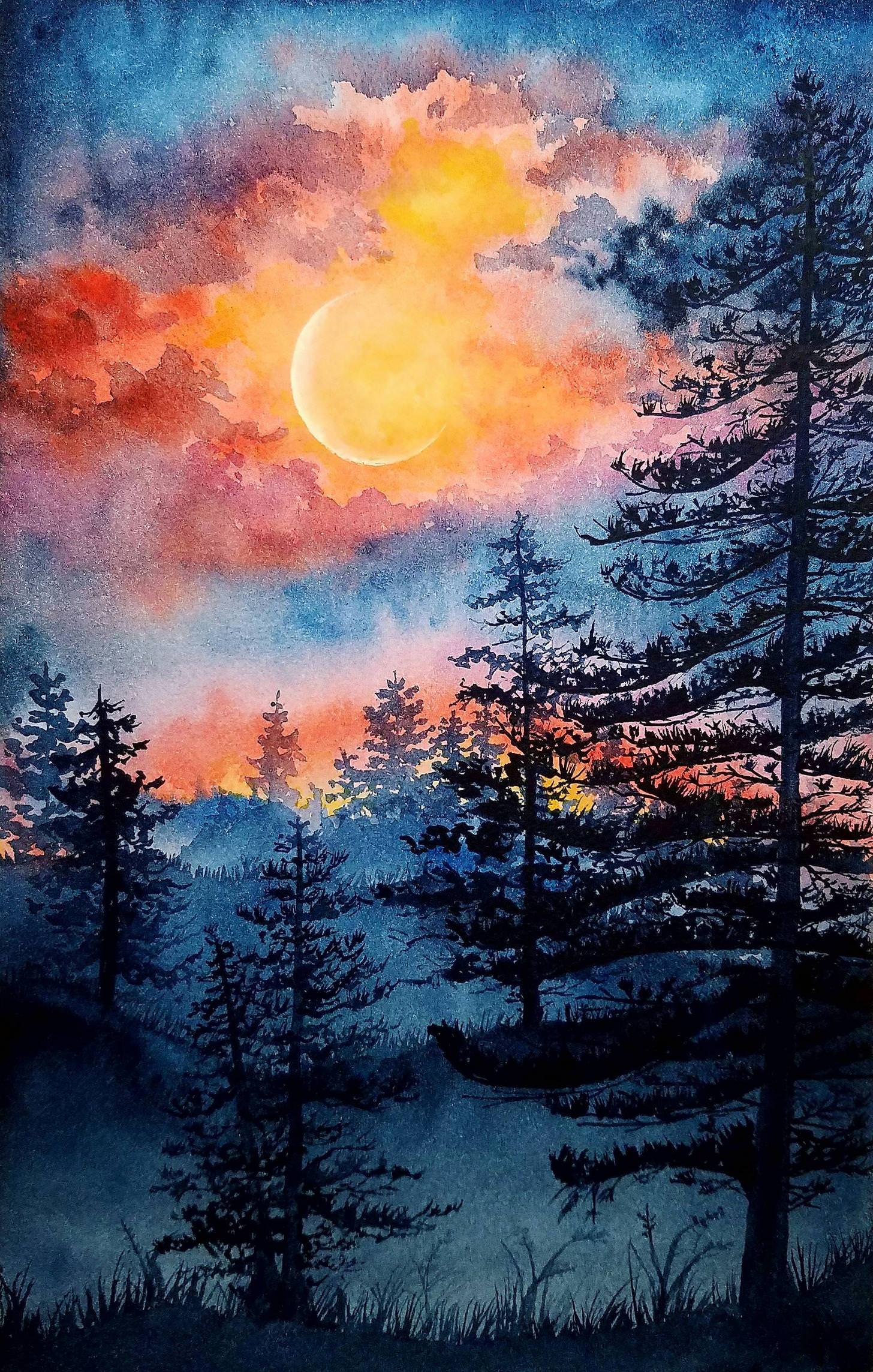 1456x2287 Moonlight, Watercolor, 6x8 Art