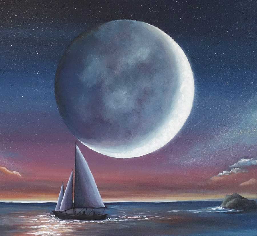 900x826 Moonlight Sailboat Painting, Sail Under Moonlight Blue Seascape