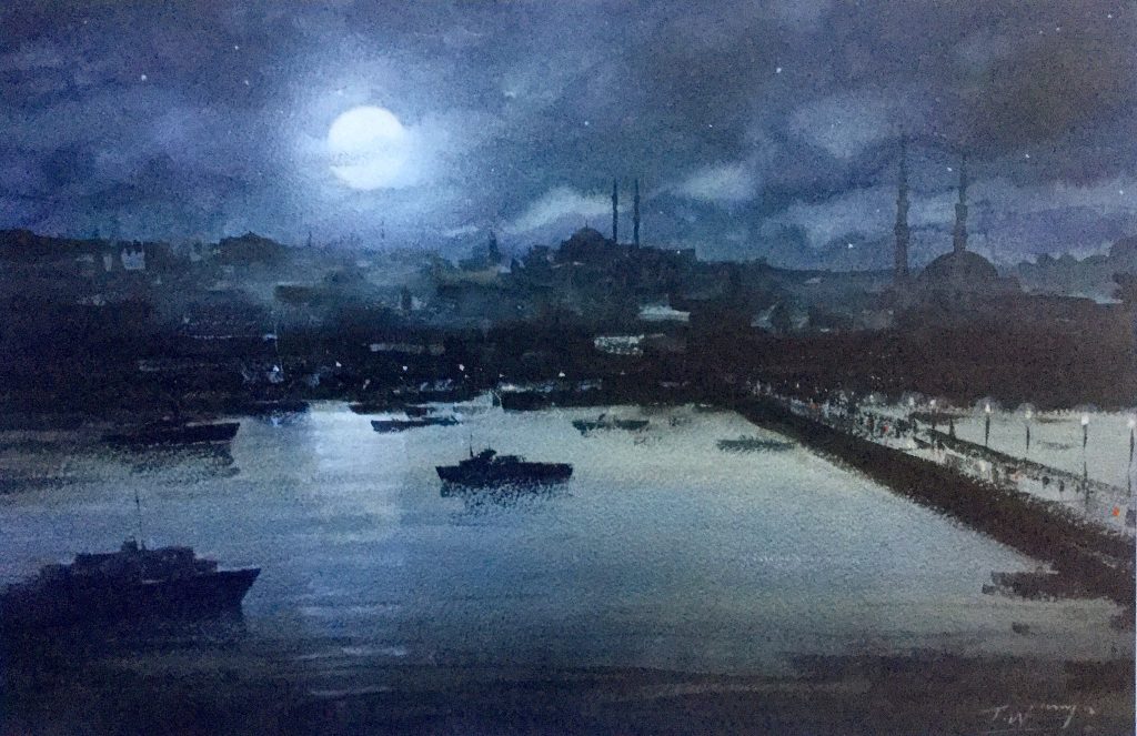 1024x663 Moonlight In Istanbul Watercolour On Paper By Trevor Waugh