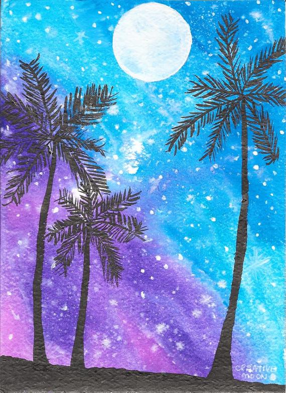 570x784 Palm Trees And The Moonlight Watercolor And India Ink Etsy