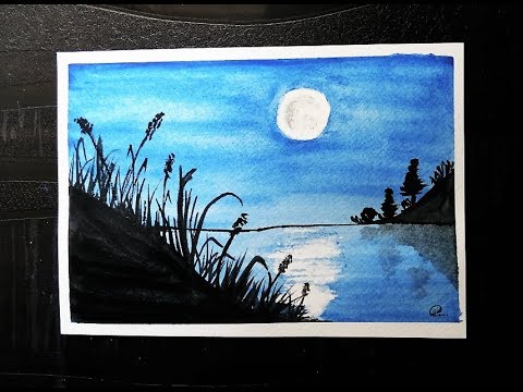 480x360 Drawing Moonlight Scenery With Water Colors For Beginners Step By