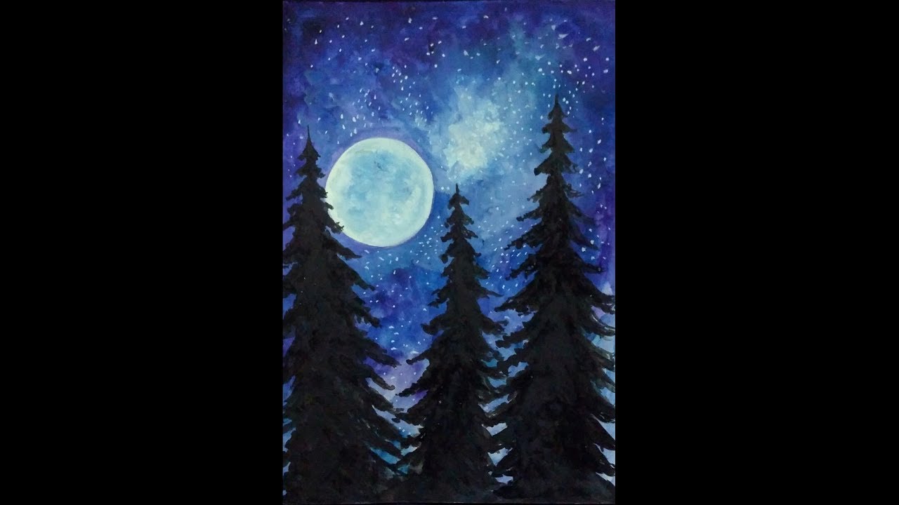 1280x720 Easy Watercolor Painting Moonlight Painting,night Sky,trees