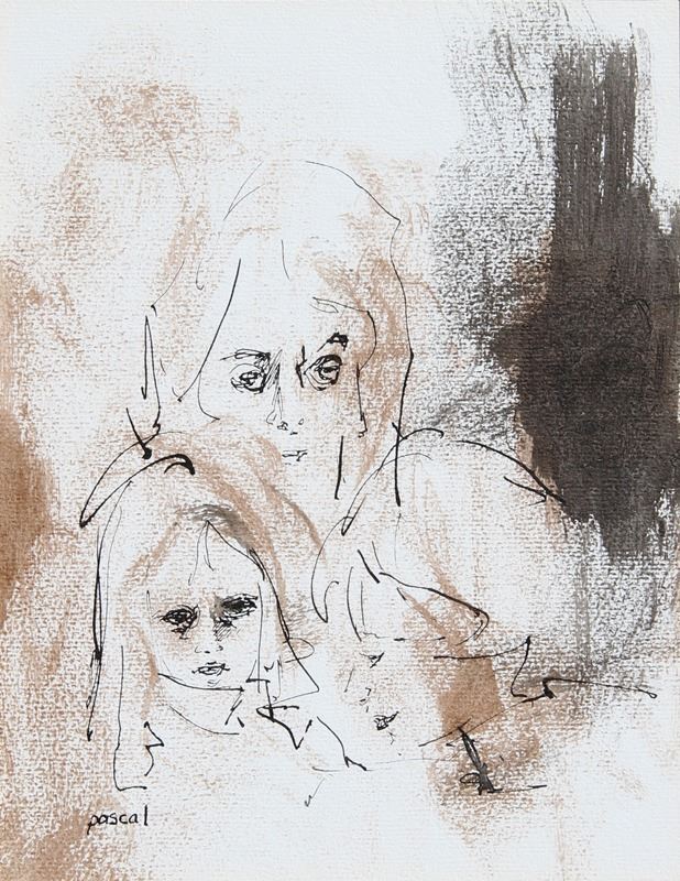 618x800 Pascal, Mother And Child, Ink And Watercolor Painting